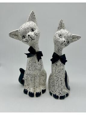 Vtg MCM Siamese Cat Figurines Ceramic Speckled Set of 2 Black White **Flaw**